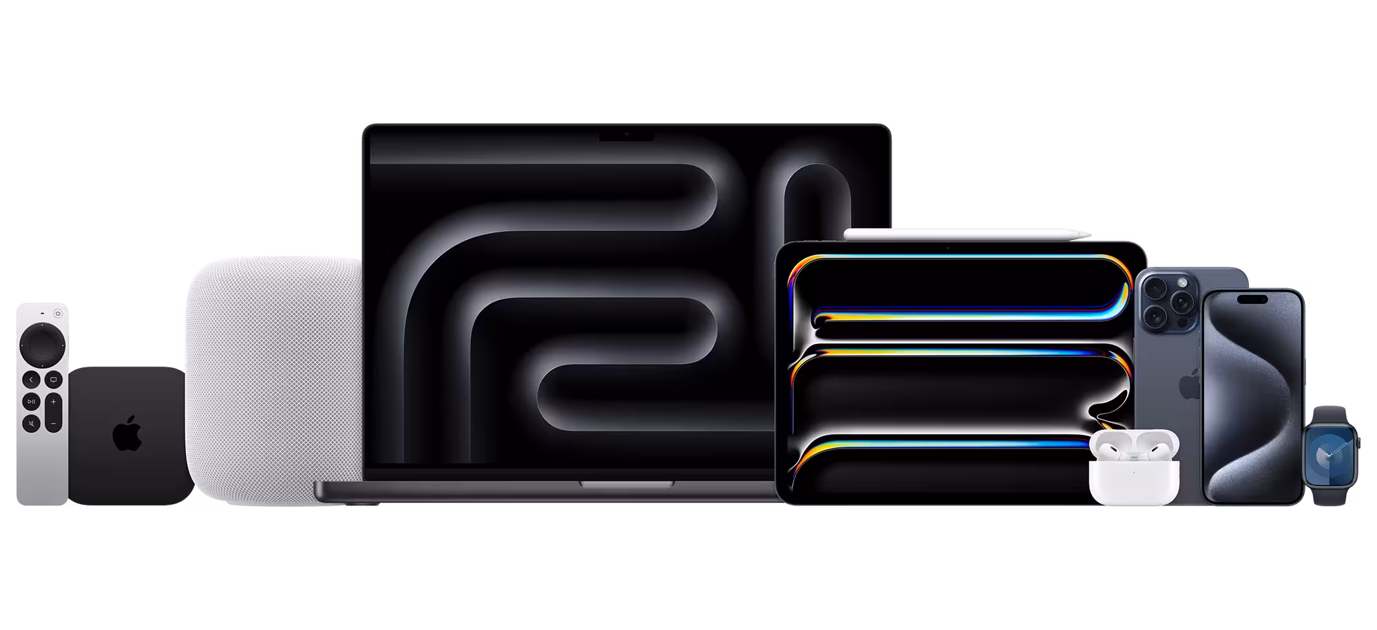 Apple product range — MacBook, iPad, iPhone, Apple Watch, AirPods, HomePod and Apple TV